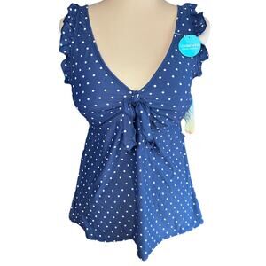 Beach House Navy White Polka Dot Underwire Ruffle Tankini Top Sz 12 Pin Up Retro